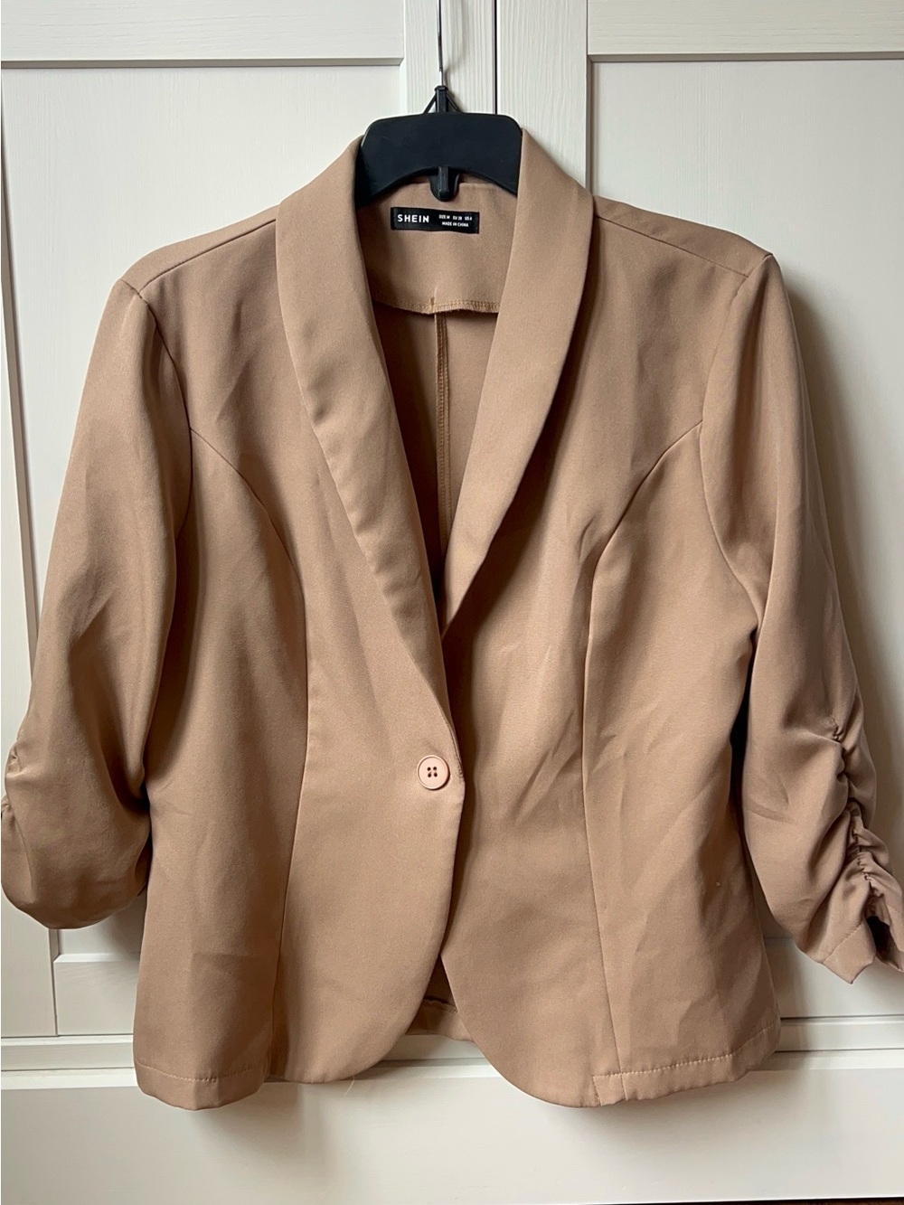 SHEIN Women's Camel Single-Button Ruched-Sleeve Blazer